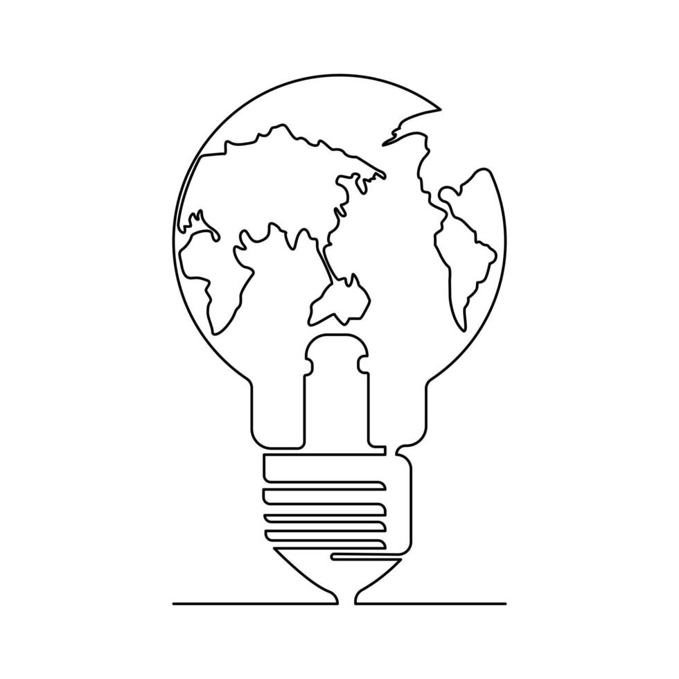 Continuous One line Earth globe inside of lightbulb and earth hour outline vector art illustration