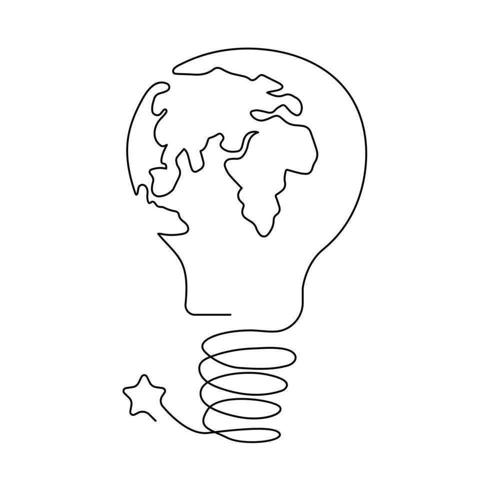 Continuous One line Earth globe inside of lightbulb and earth hour outline vector art illustration