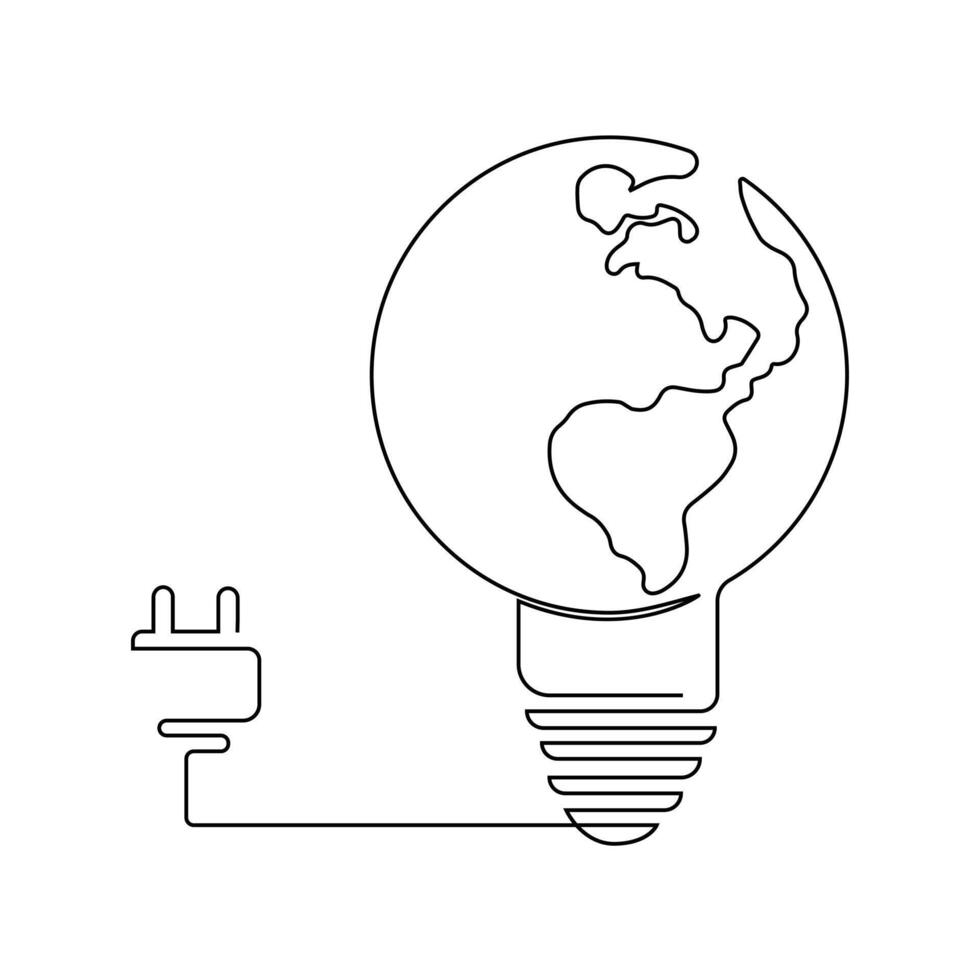 Continuous One line Earth globe inside of lightbulb and earth hour outline vector art illustration