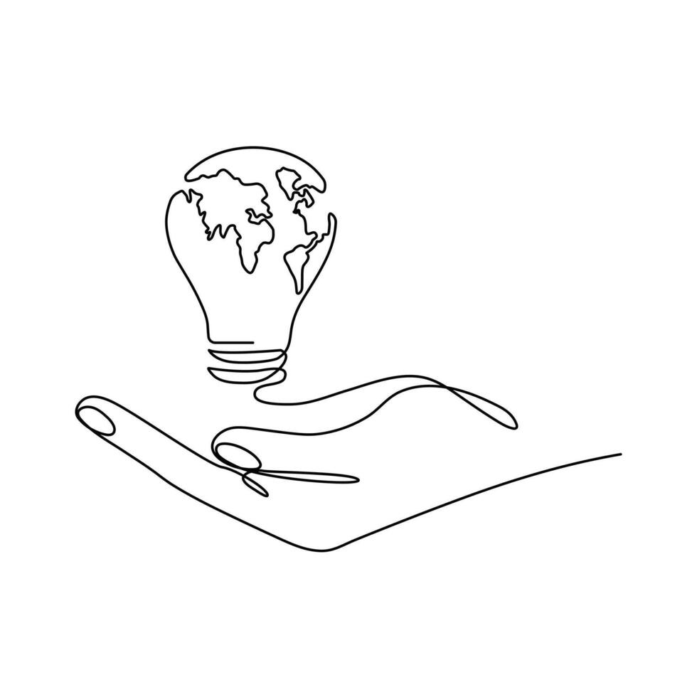 Continuous One line Earth globe inside of lightbulb and earth hour outline vector art illustration