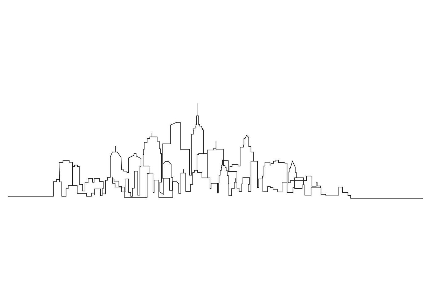paisaje urbano en continuo uno línea vector dibujo. moderno plano línea paisaje vector. ciudad paisaje línea Arte ilustración con edificio, torre, rascacielos vector ilustración.