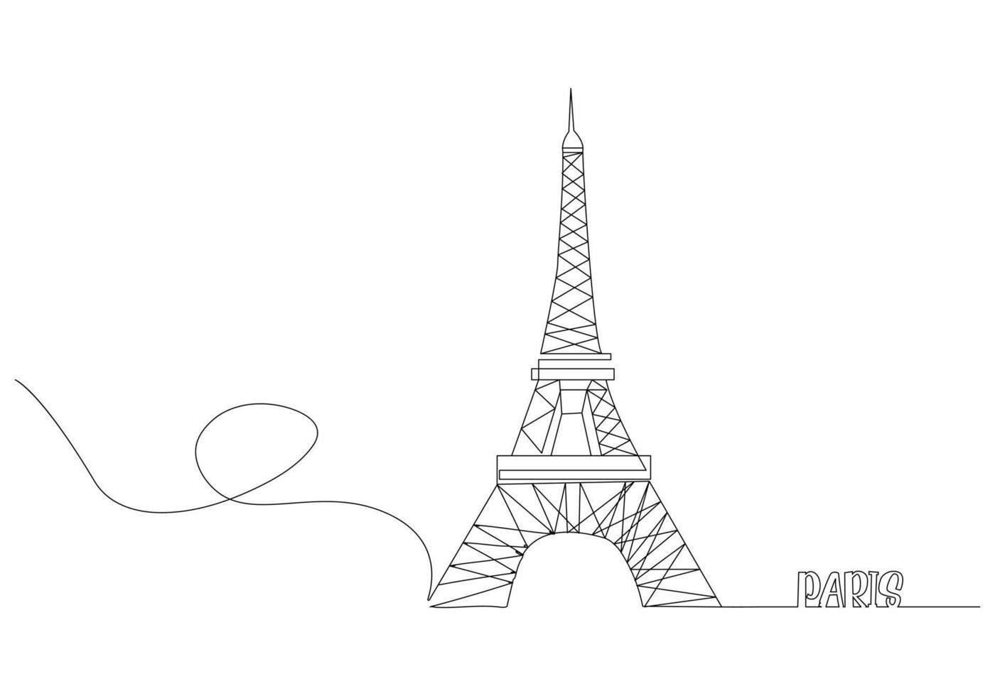 Eiffel Tower Single one line drawing. Tourism and travel greeting postcard concept. Modern continuous line draw design vector illustration