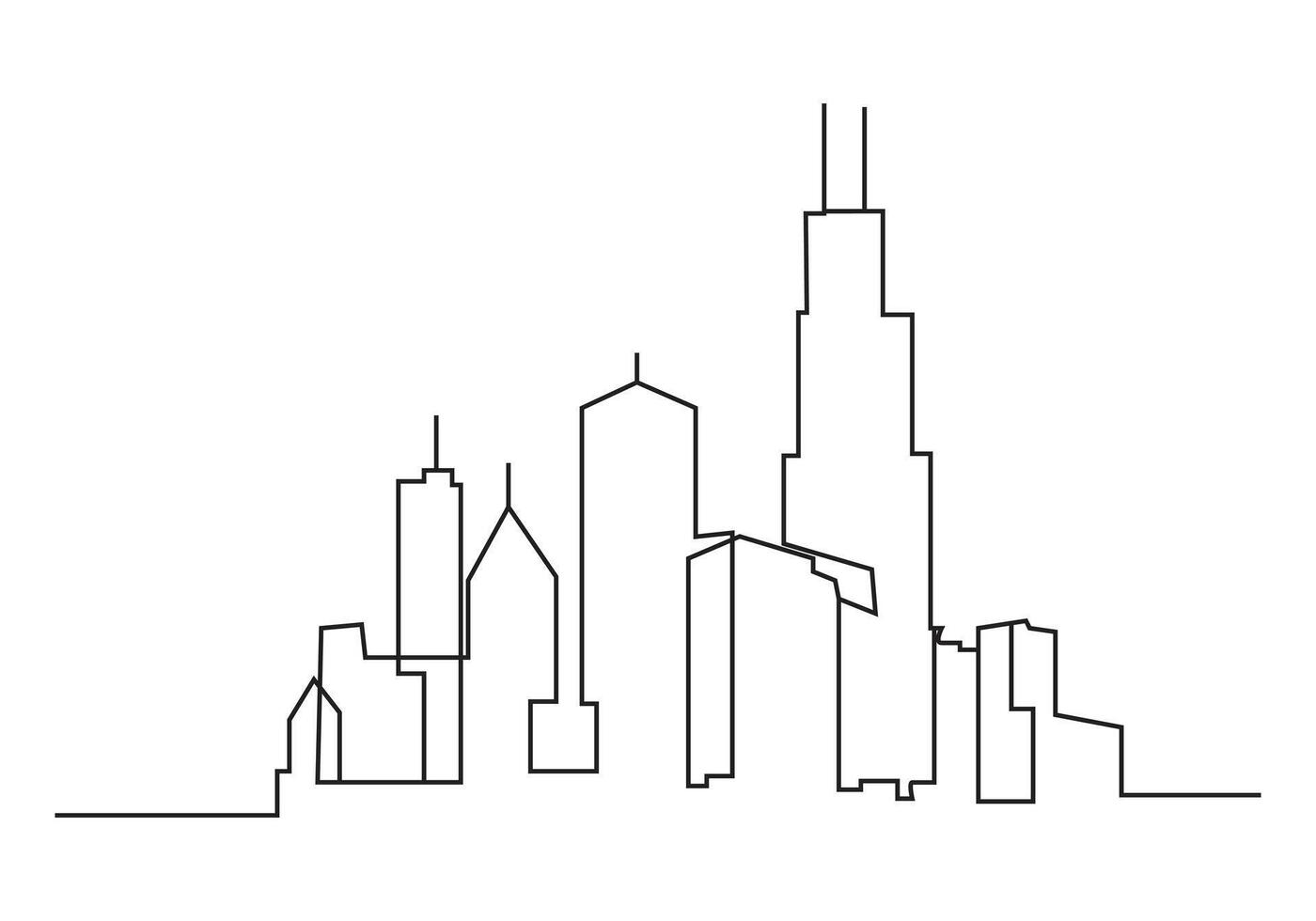 cityscape in continuous one line vector drawing. Modern flat line landscape vector. City landscape line art illustration with building, tower, skyscrapers. Vector illustration.