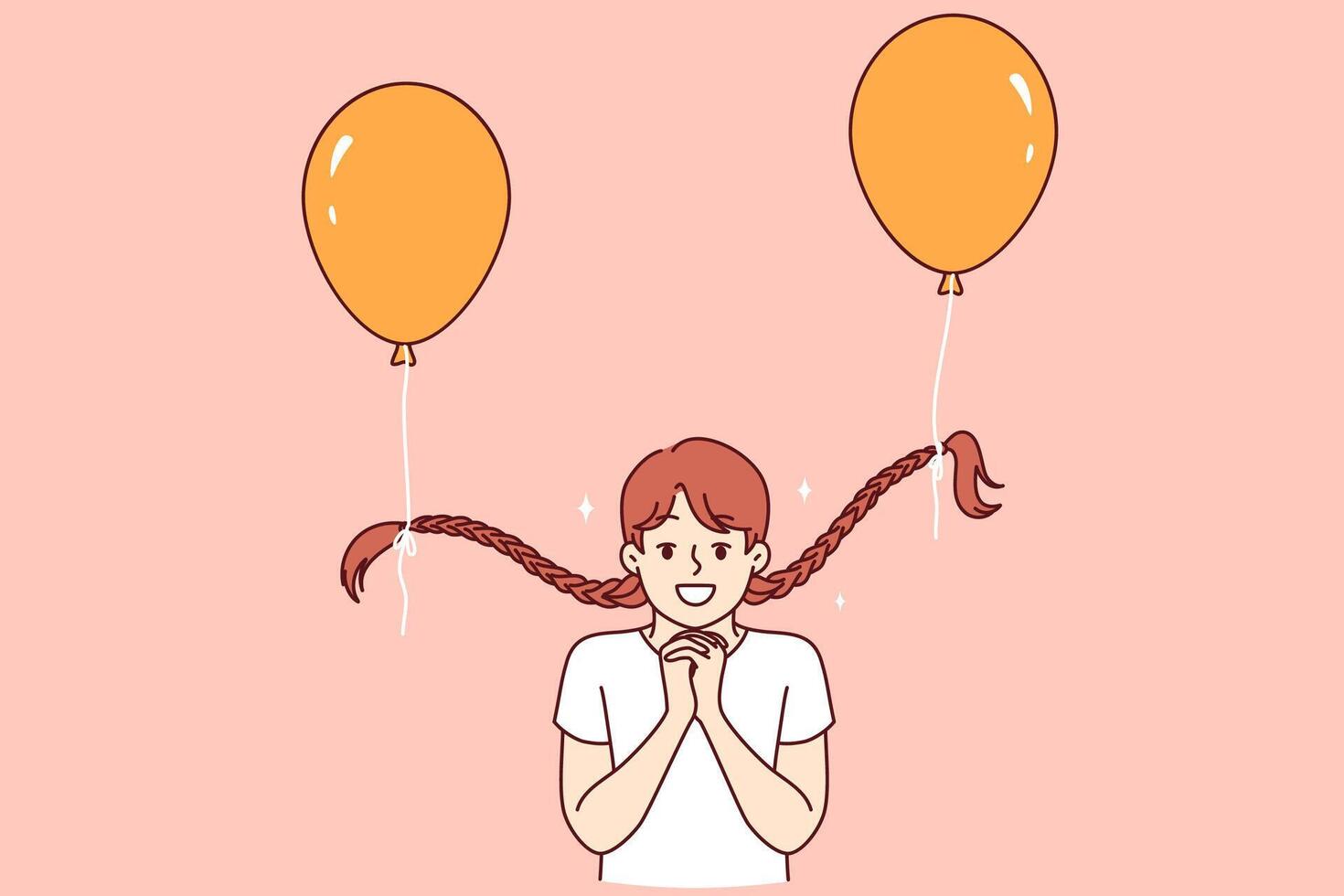 Funny little girl with balloons tied to braids folds palms, making request or showing hope vector