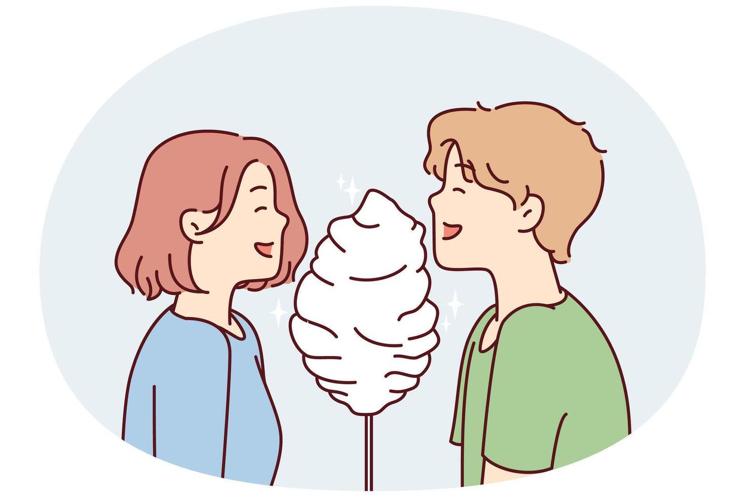 chico y niña con algodón dulce, sonriente comer calle postre compró durante caminar juntos. vector imagen