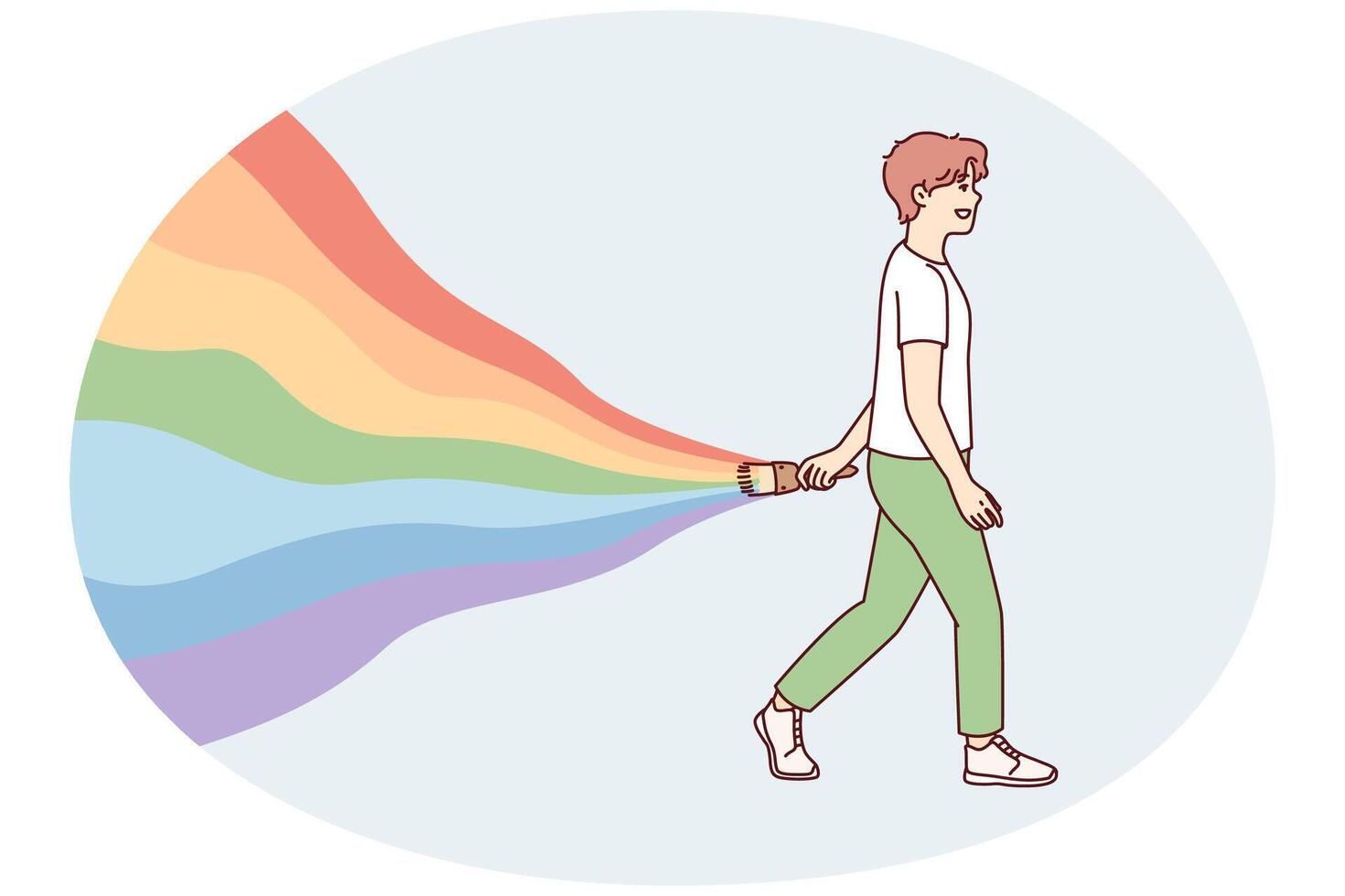 Young guy walks leaving behind rainbow symbolizes carelessness and positive attitude. Vector image