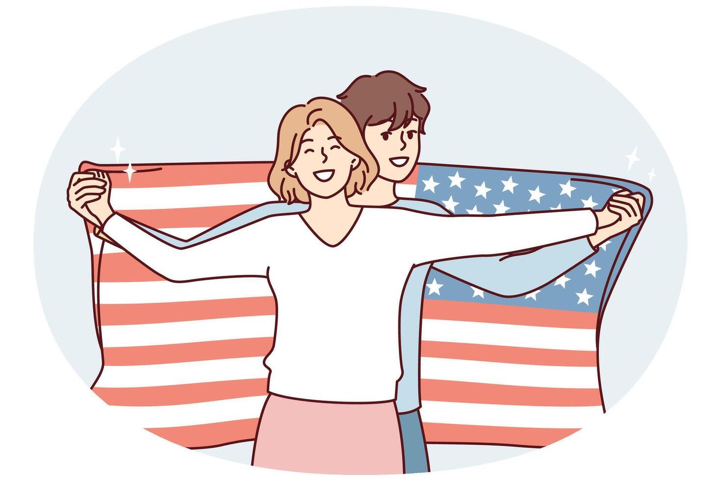 Friendly couple of man and woman posing with USA flag demonstrating patriotism. Vector image