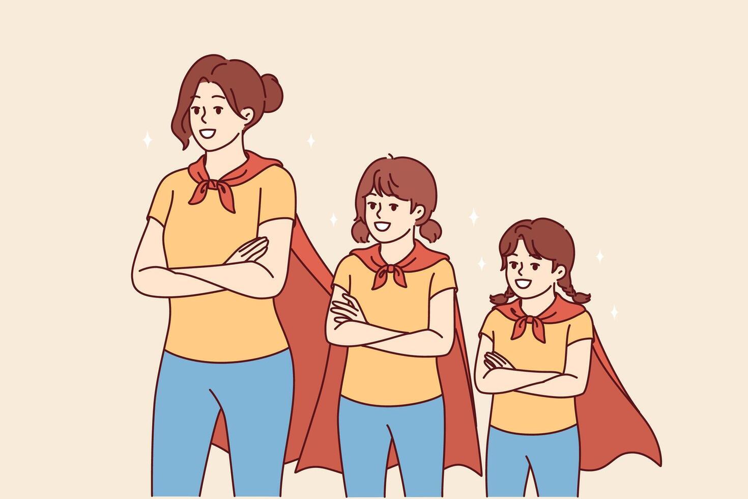 Mom and daughters in superhero capes smile, feeling unity and courage, stand with their arms crossed vector