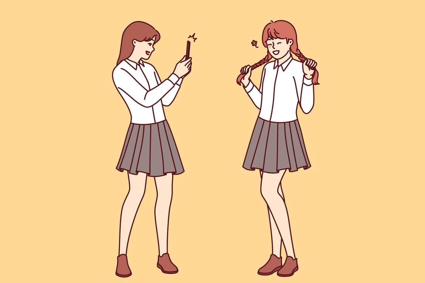 Teenage girls had photo shoot in school uniforms, posing for mobile application on social network vector