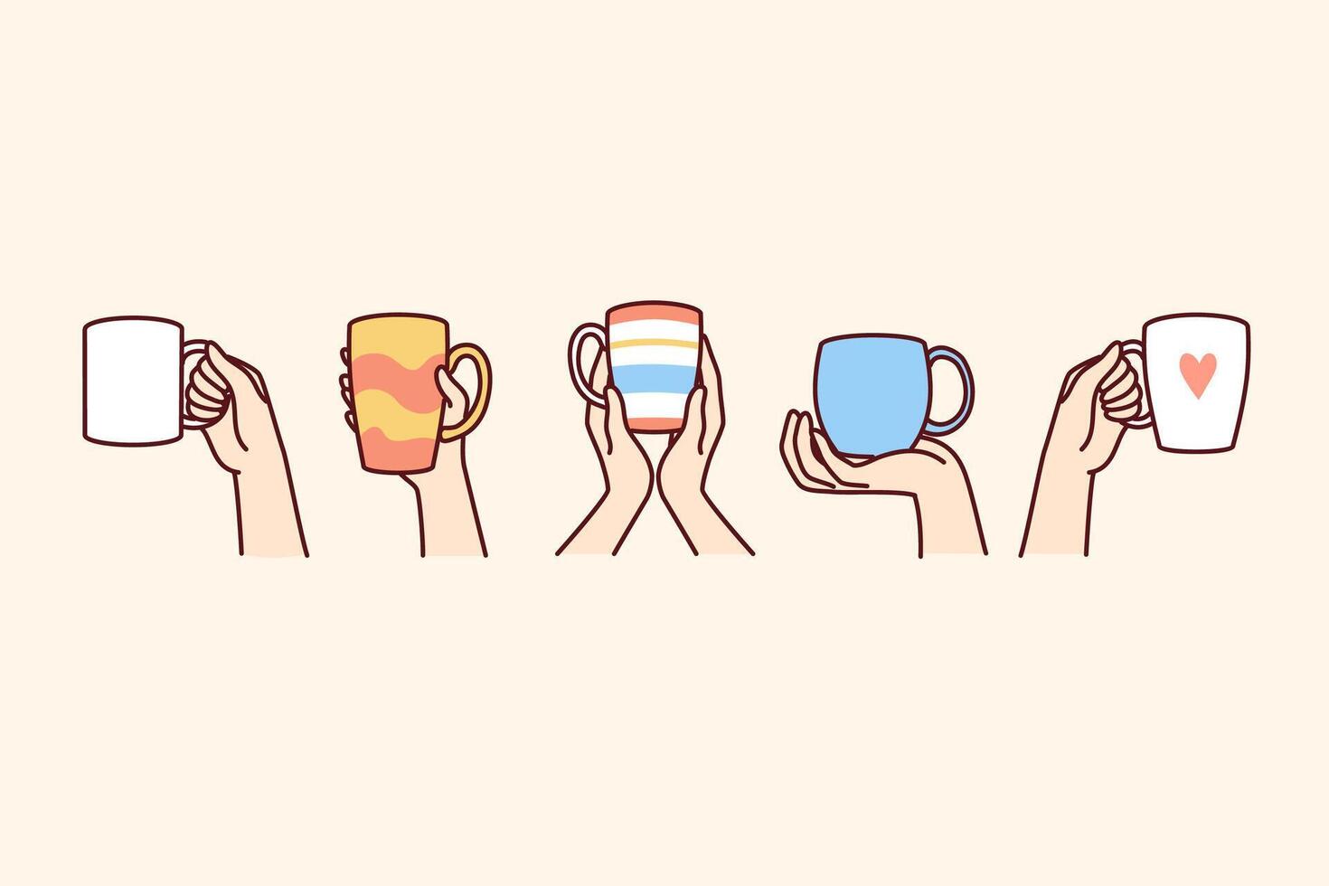 Ceramic cups with different patterns in hands, for drinking coffee or tea and other hot drinks vector