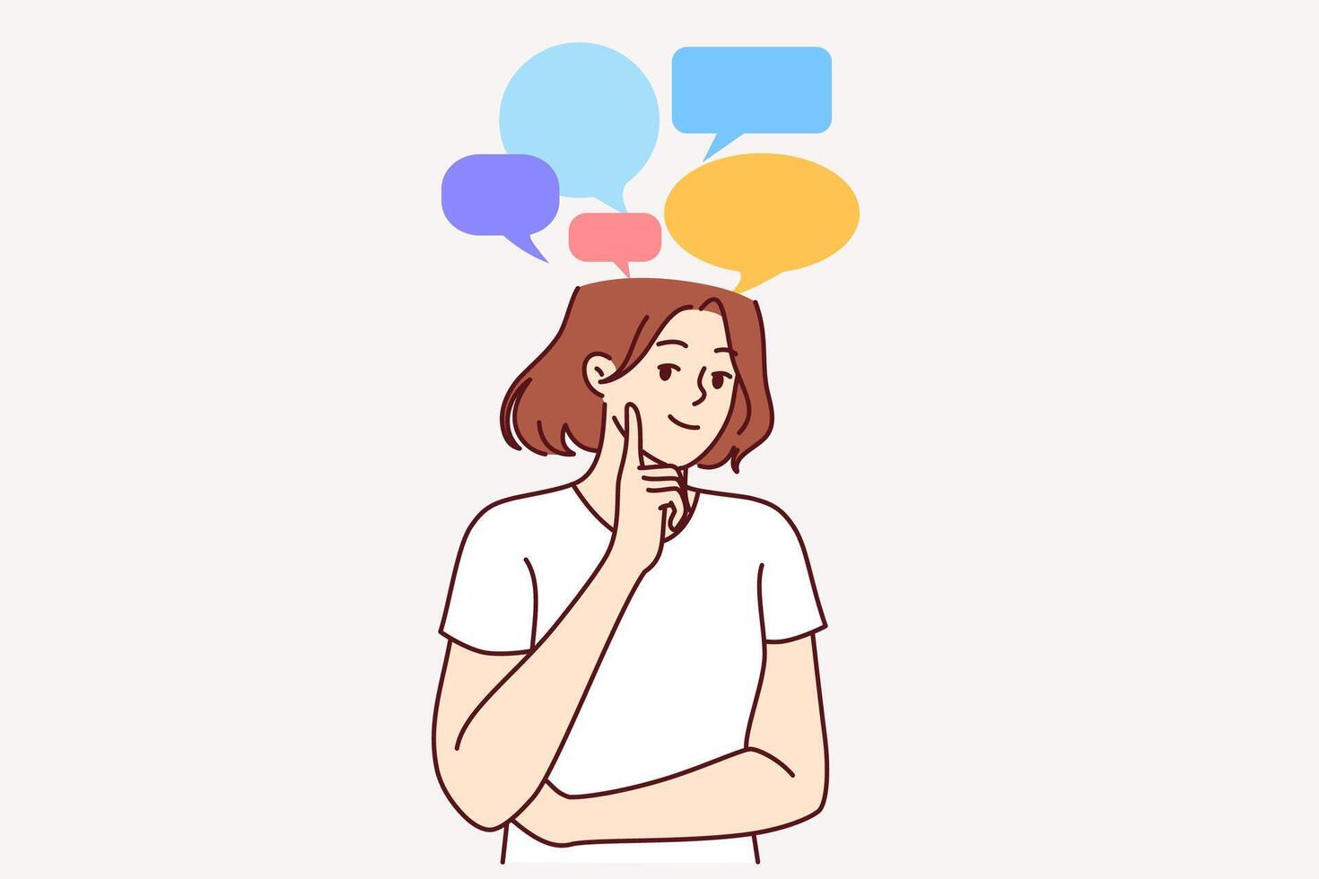 Thoughtful smiling woman coming up with graduation speech, standing with dialogue bubbles above head vector