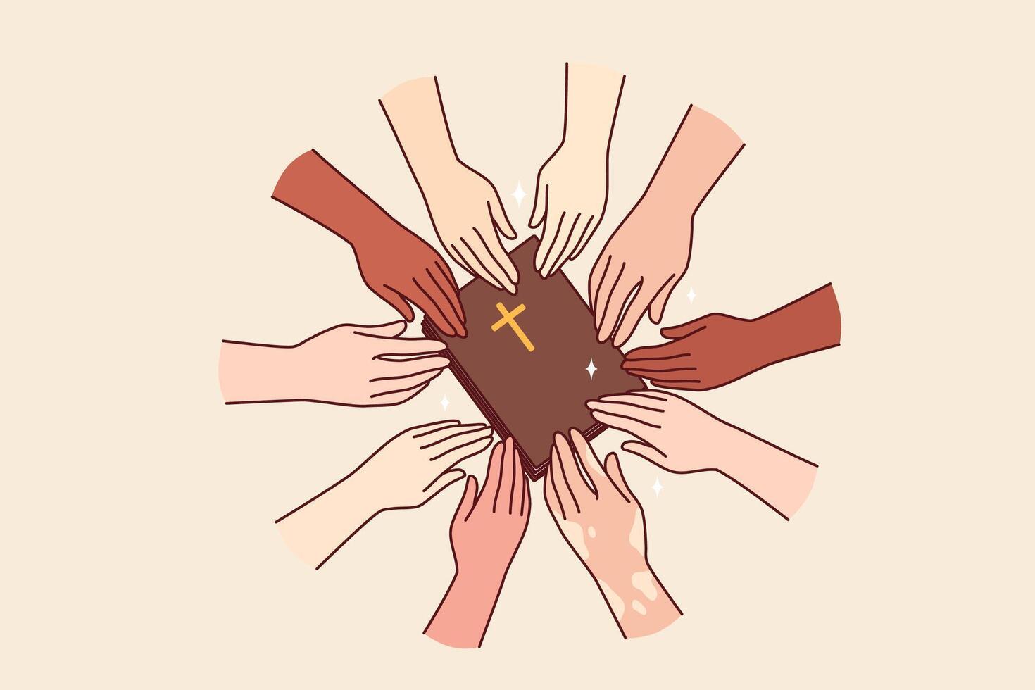 Christian bible in hands of multiracial people, respect catholic religion and want to learn prayers vector
