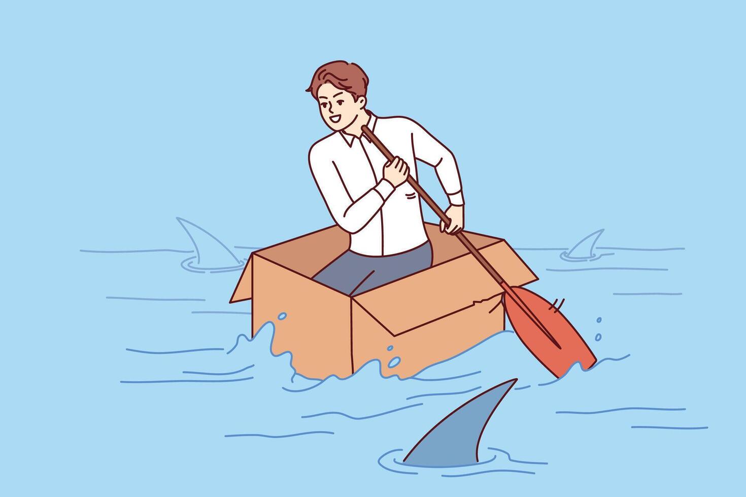 Brave business man shows no fear, overcoming crisis and floating in box in river with sharks vector