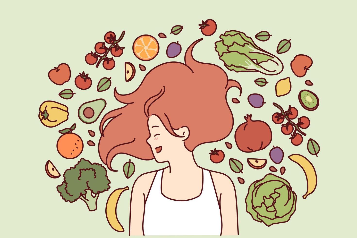 Vegetarian woman lies among fresh fruits and vegetables rejoicing at opportunity to eat organic food vector