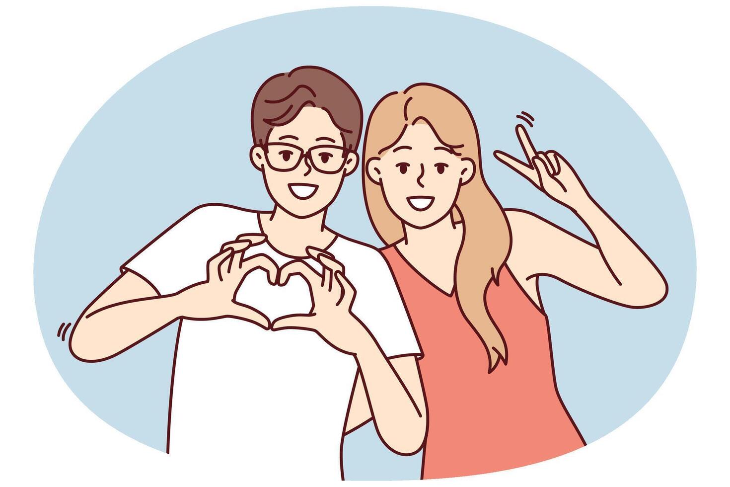 Friendly young man and woman stand in embrace and smiling looking at camera. Vector image