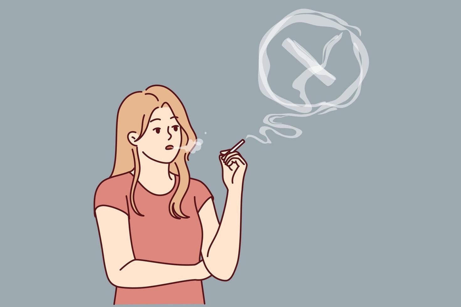 Woman smokes cigarettes, releasing smoke into lungs and risks getting cancer due to bad habit vector