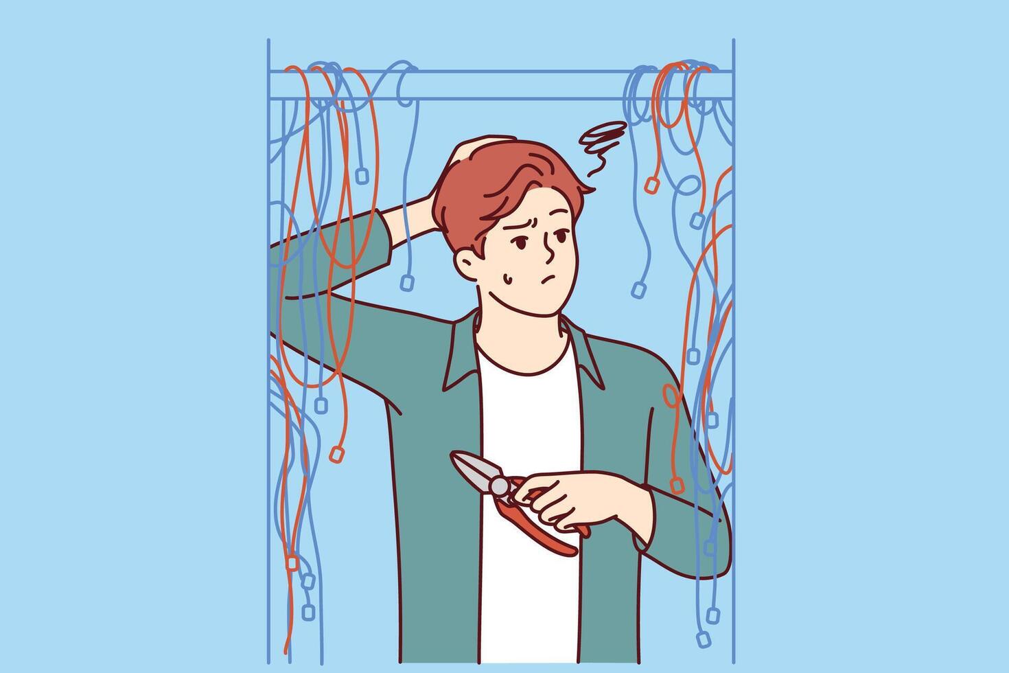 Man electrician stands among wires and scratches head, wondering how to fix electrical equipment vector