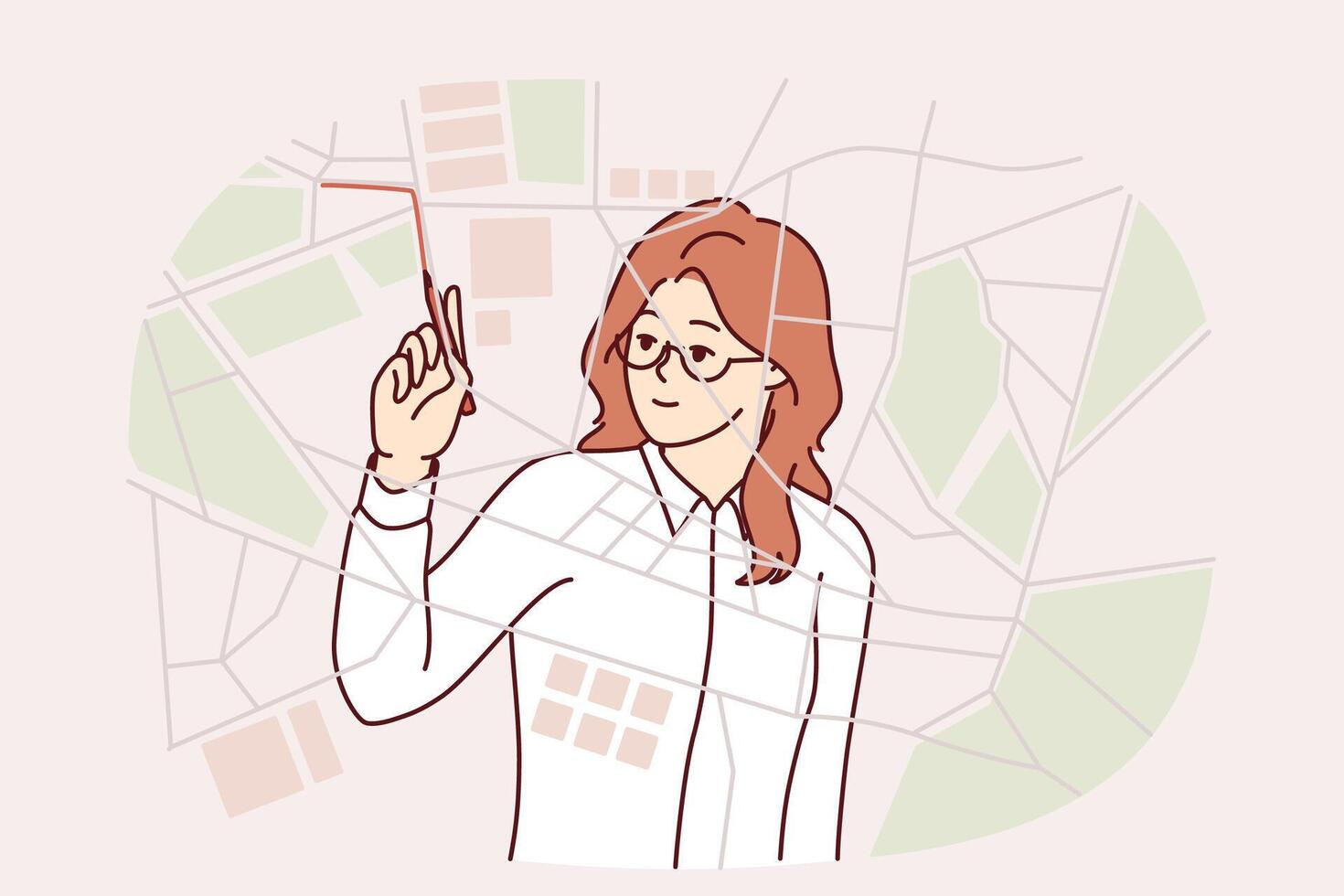 Woman logistician draws up route for delivery service vehicles by drawing lines on city map vector