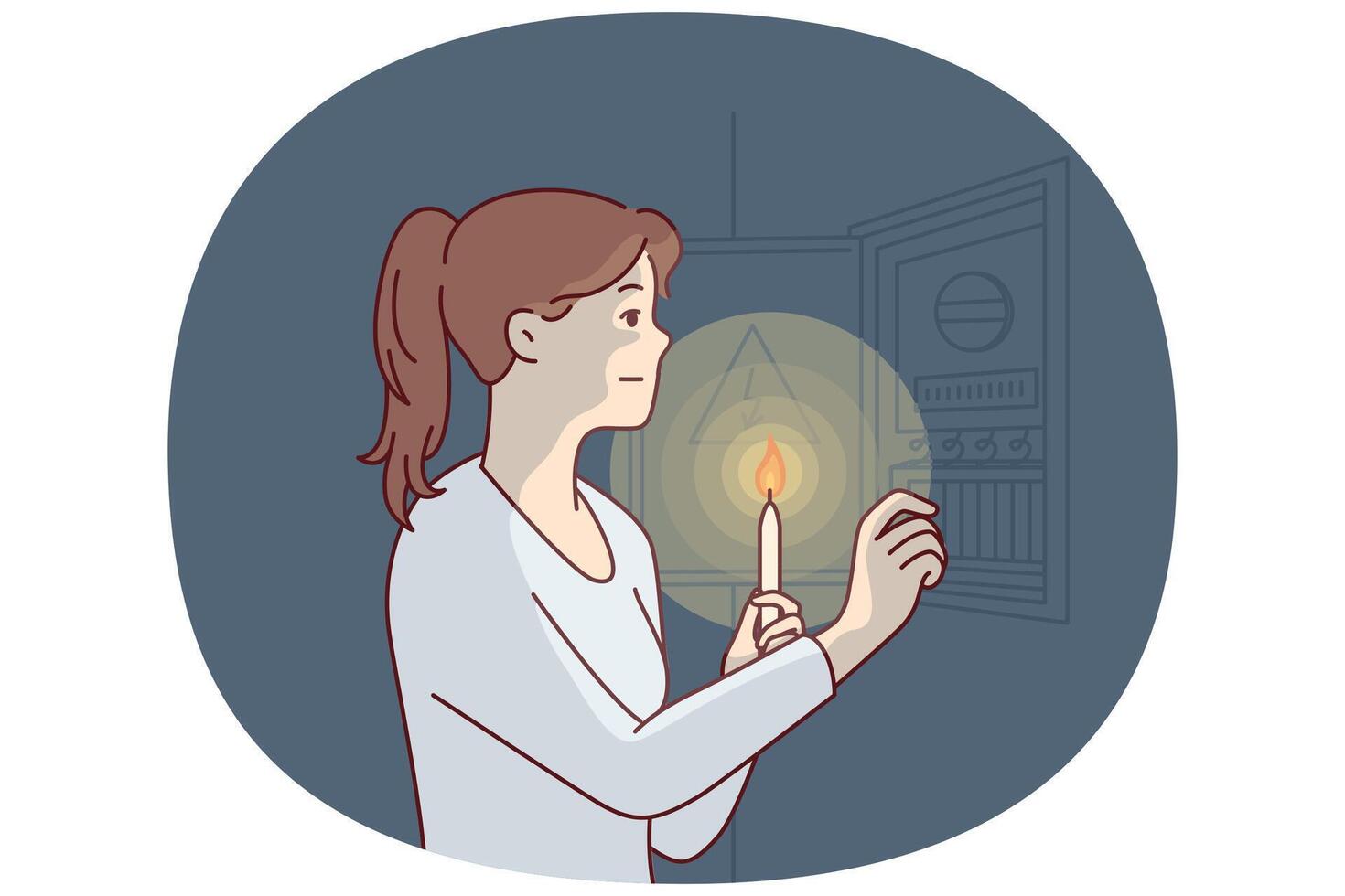 Woman with burning candle approaches power shield to find out reason for energy outage. Vector image