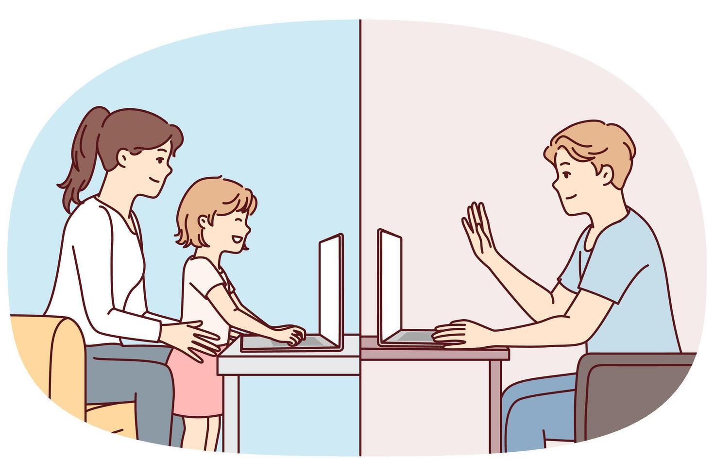 Family communicates via video call using laptop for video calls over Internet. Vector image