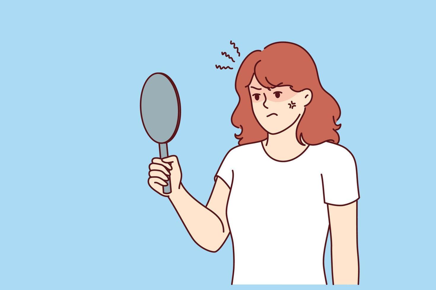 Irritated woman looks in mirror, feeling anger because skin problems spoiling appearance vector