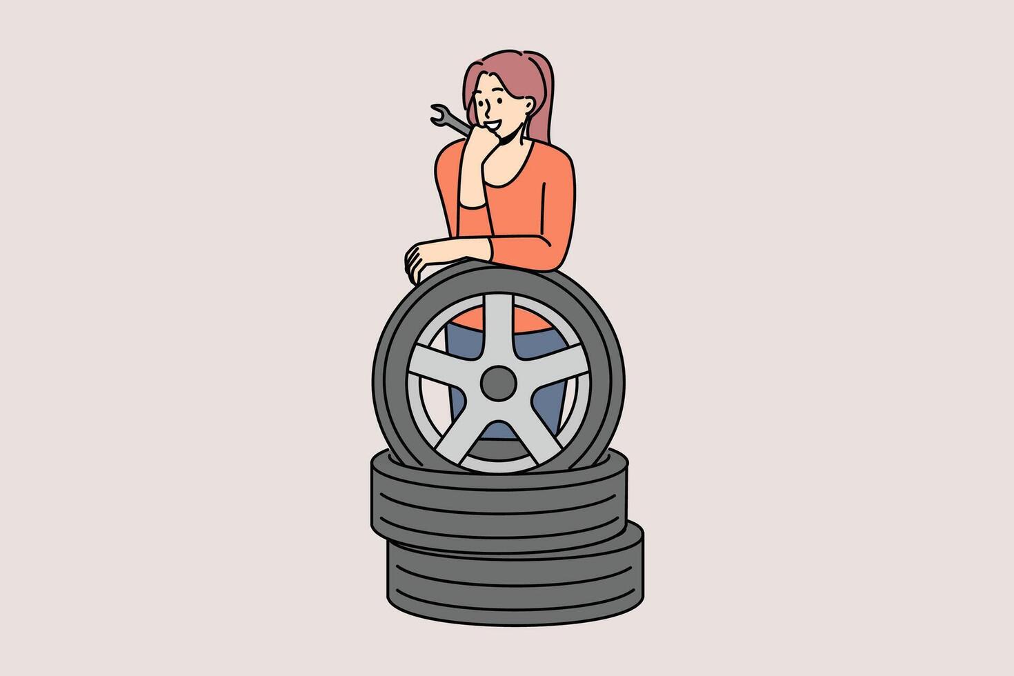 Woman auto mechanic prepares to replace car wheels during vehicle maintenance or repair vector
