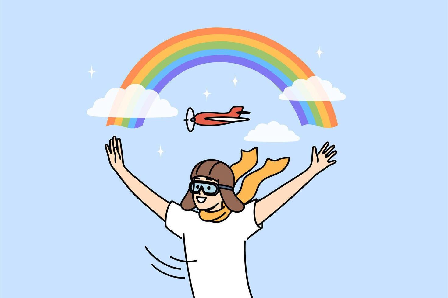 Boy in aviator hat dreams of becoming pilot and working as aviator, standing near rainbow in sky vector