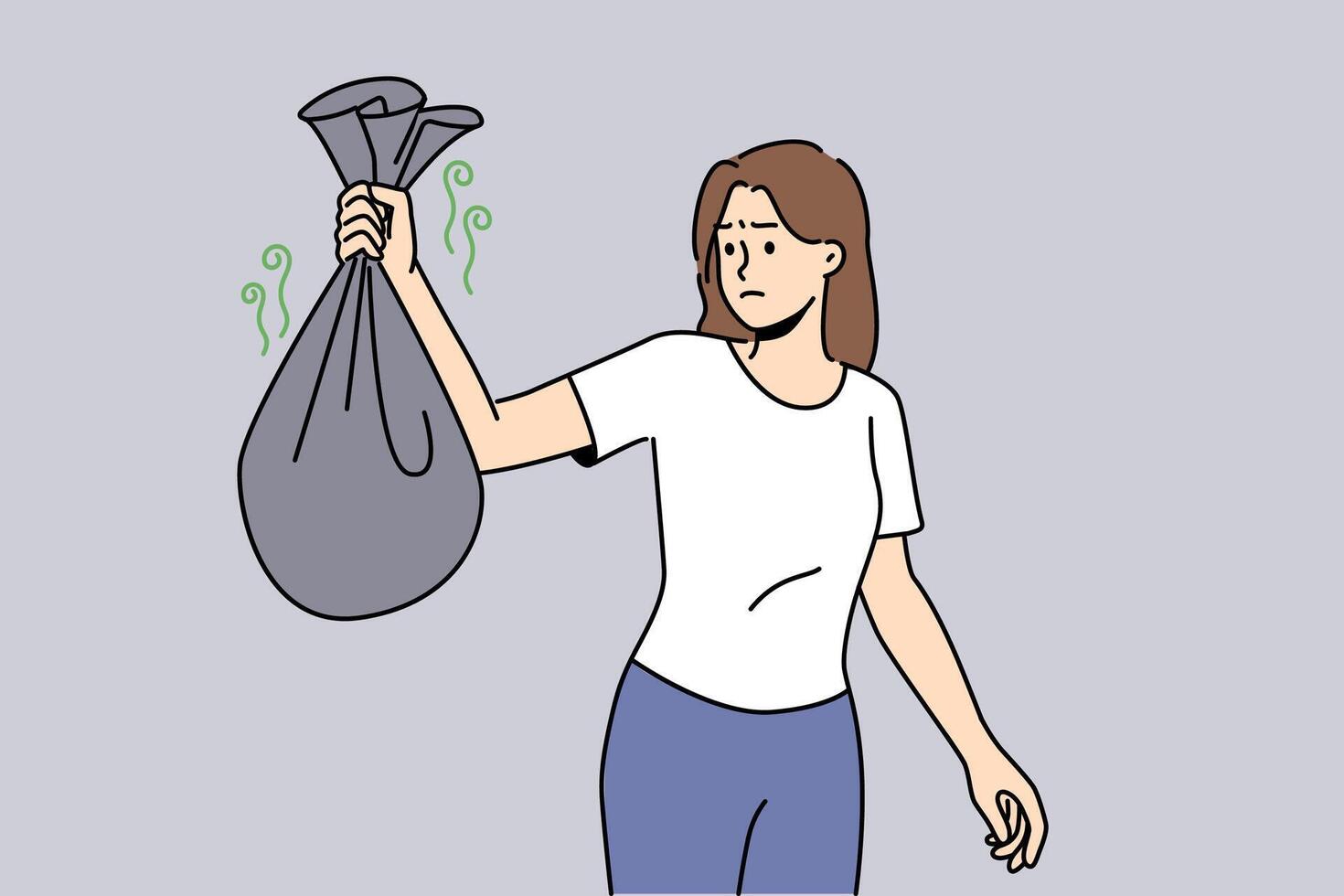 Woman with bag smelly garbage, carries waste into trash can and feels
