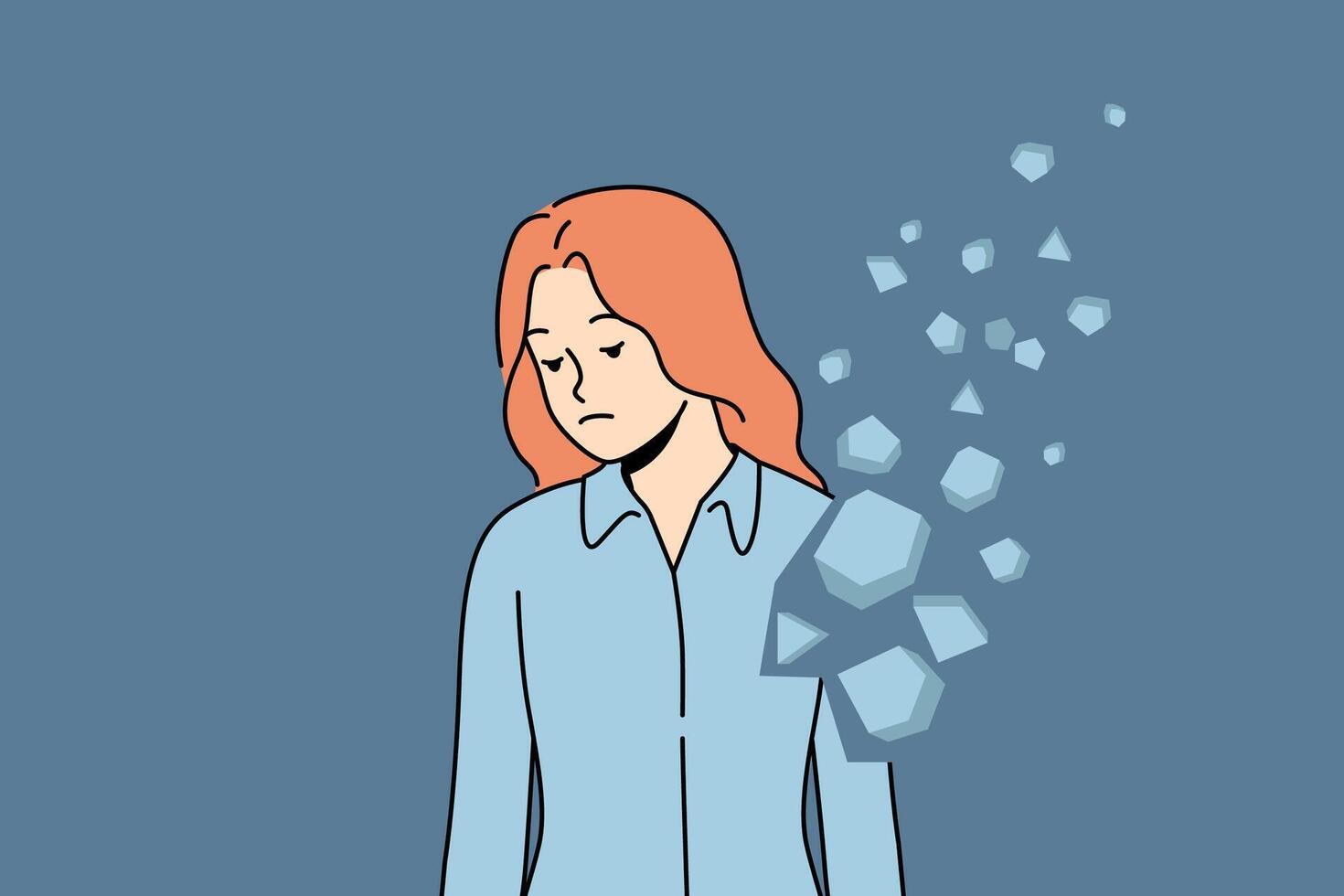 Woman with collapsing inner world needs help psychotherapist, stands near flying fragments own body vector