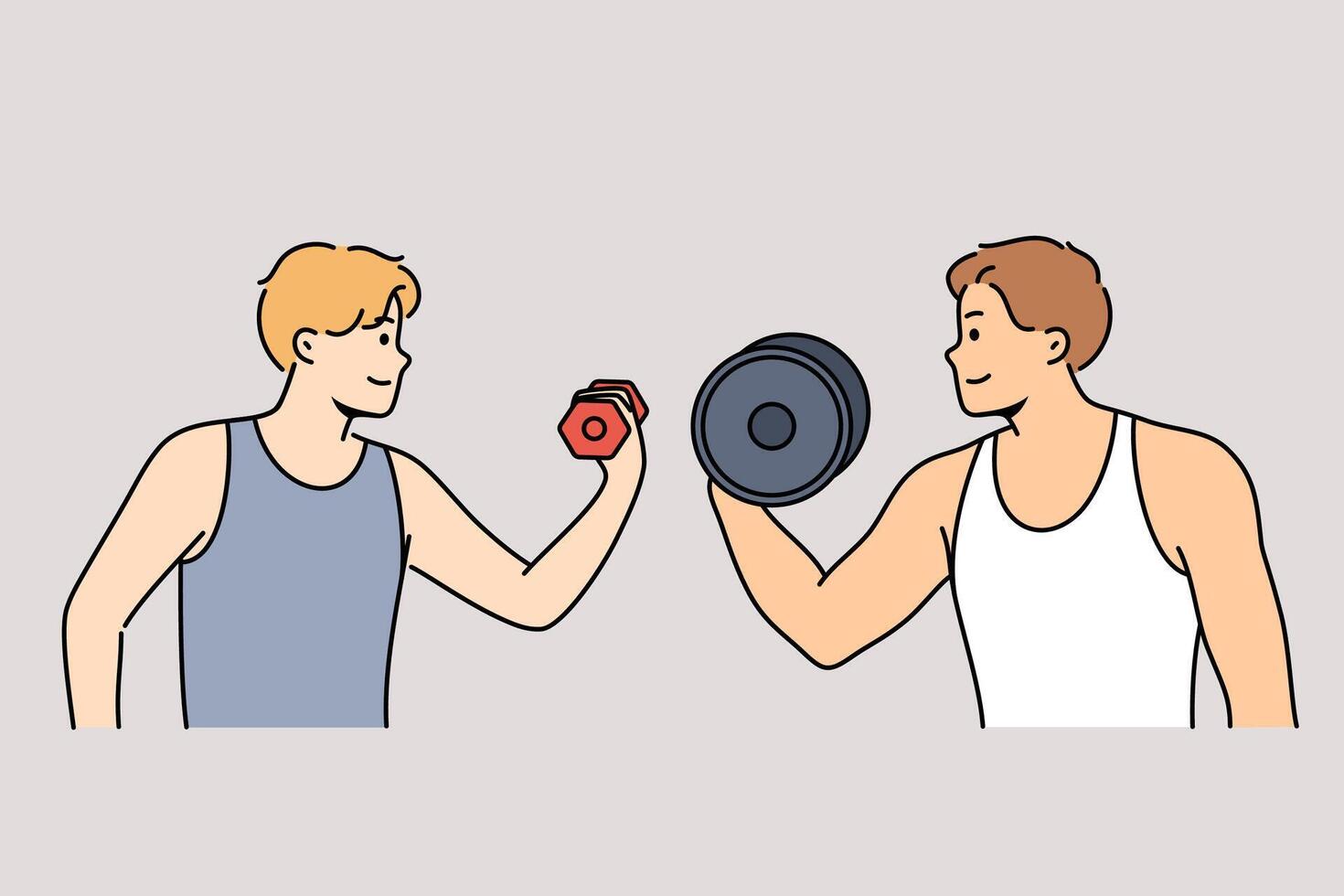Sports competition between men lifting dumbbells with different weights or fitness mentoring in gym vector