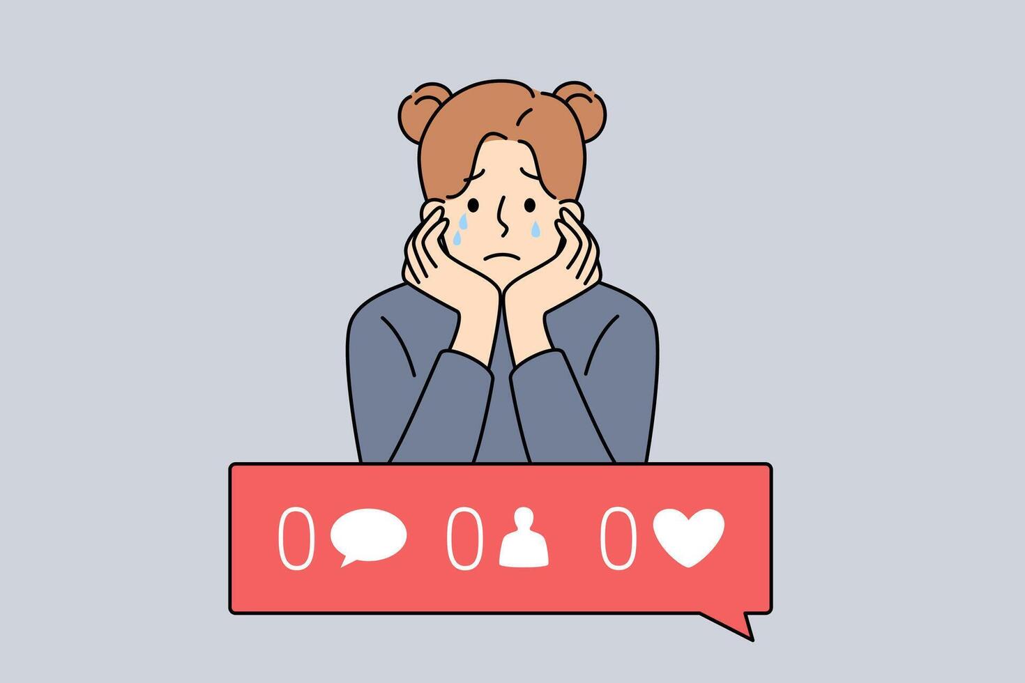 Girl is sad because of digital addiction and lack of subscribers and likes on social networks vector