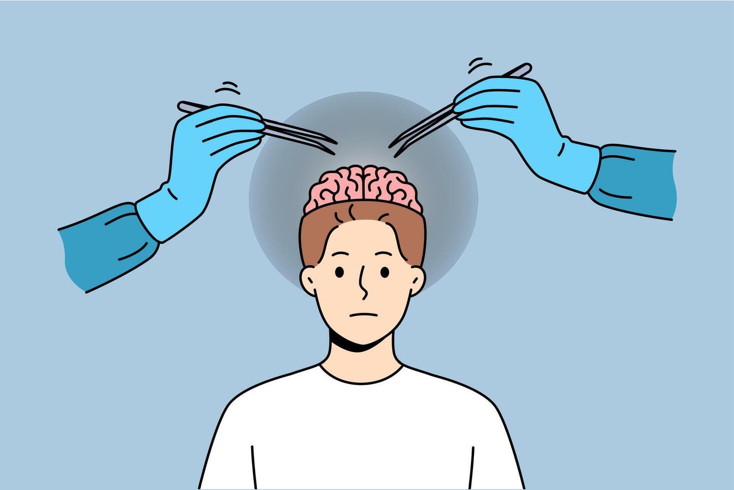 Neurosurgical operation on brain man looking at camera, standing near doctors hands with tweezers vector