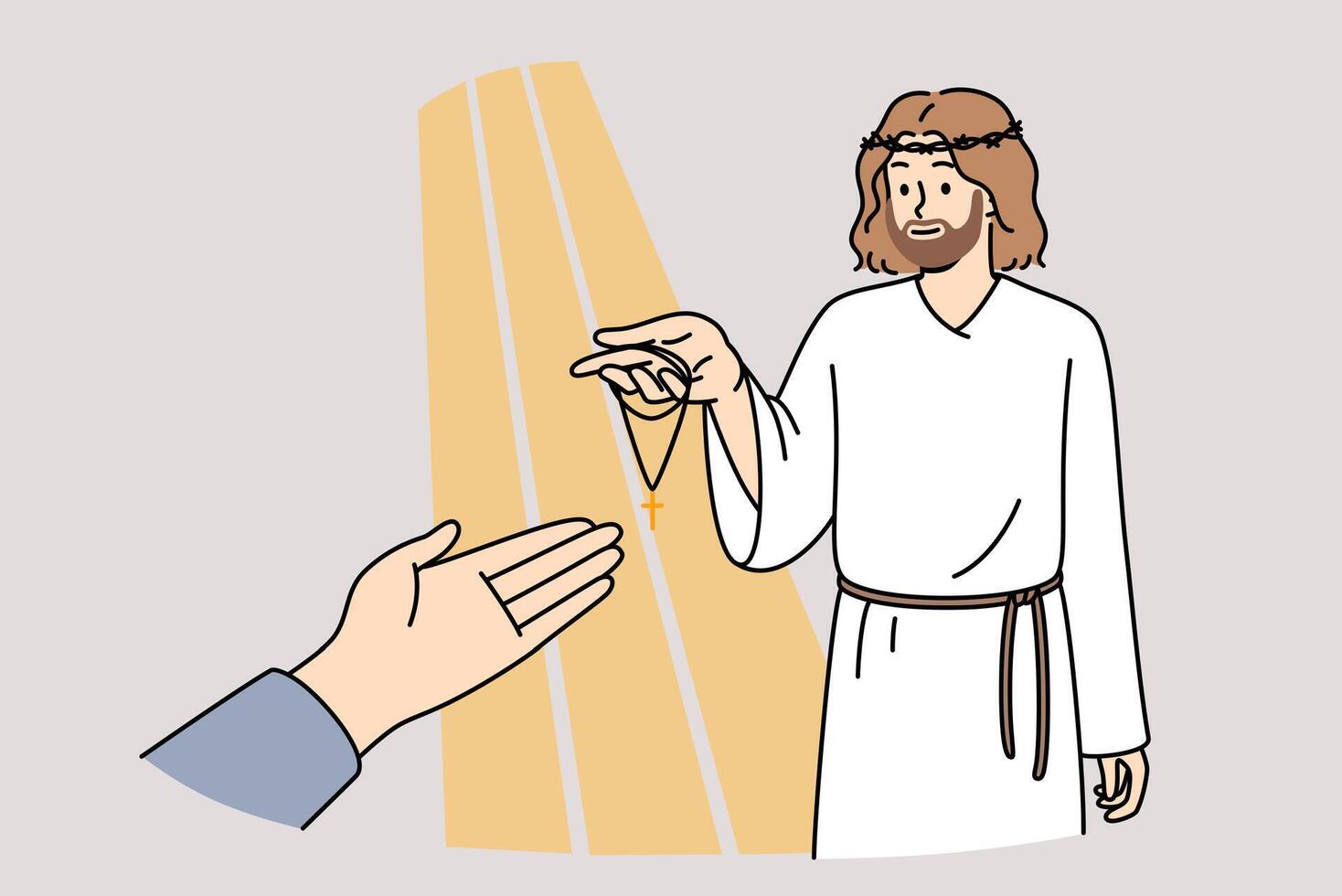 Jesus holds out cross to believer to protect from misfortune and help not to commit sins vector