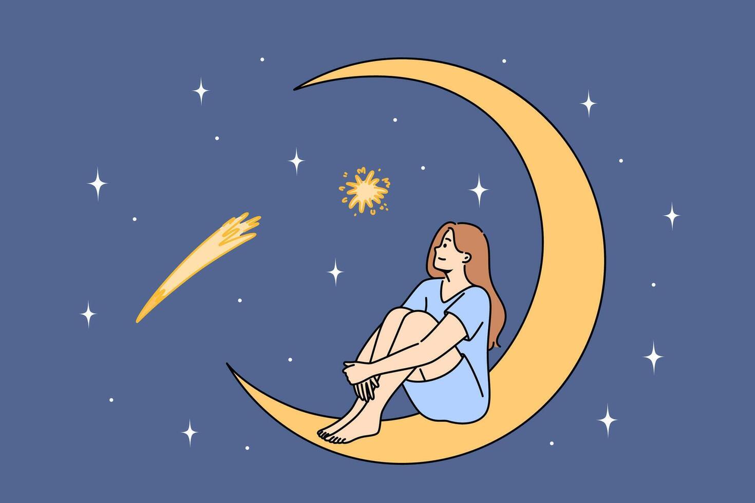 Woman admires starry sky, sitting on crescent and making secret wish during starfall vector