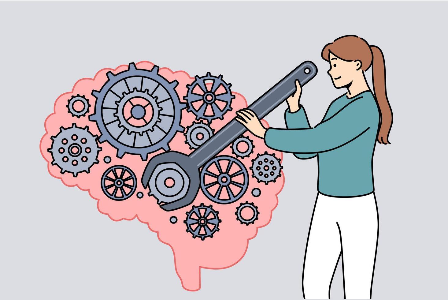 Woman is developing brain and improving intelligence by turning gears with wrench vector