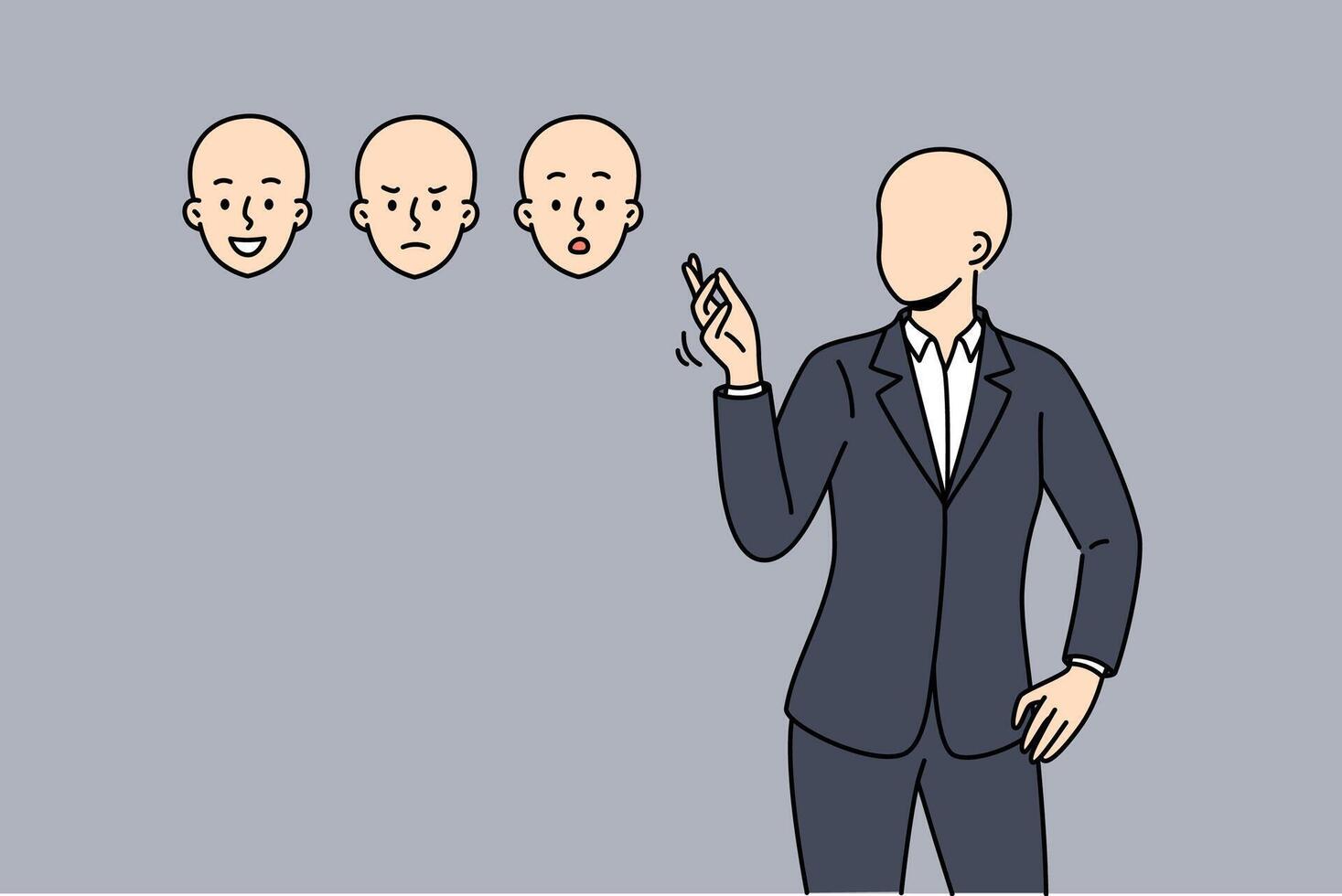 Faceless business man chooses mask face with different emotions, for concept ability to manage mood vector