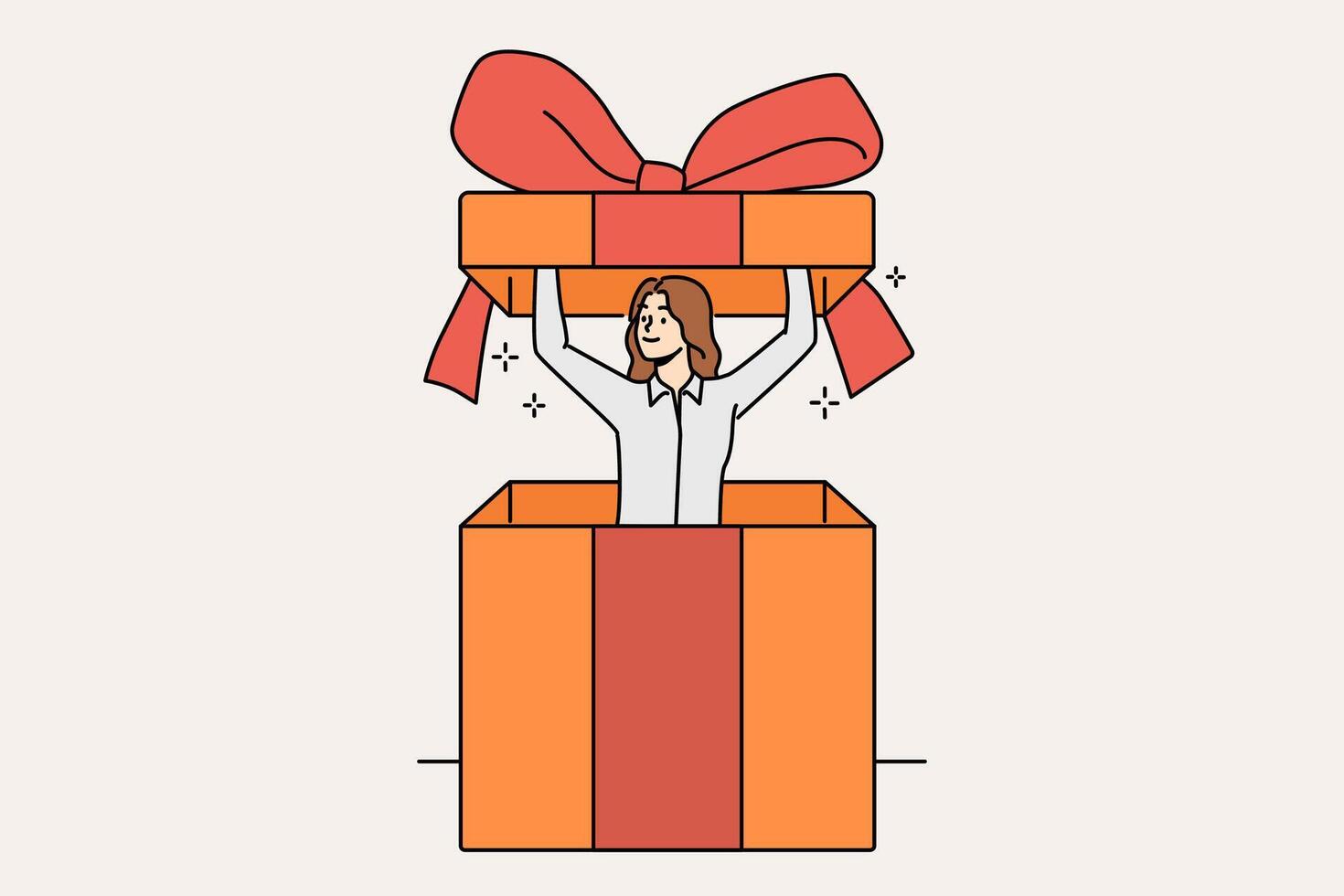 Tiny woman inside gift box with bow, to congratulate store customers or business partners vector