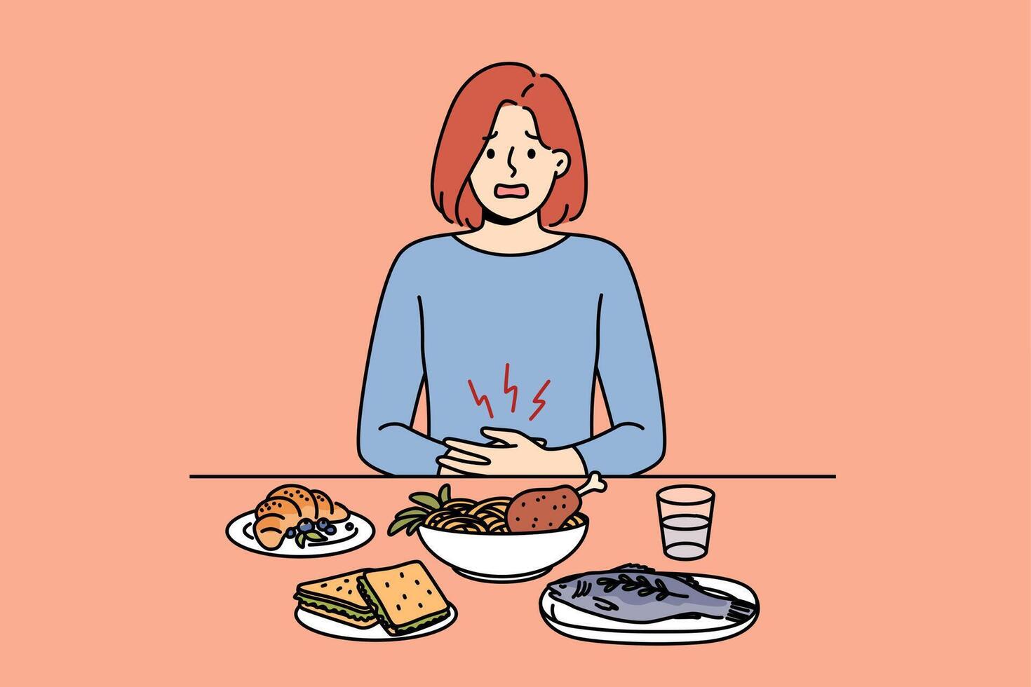 Girl suffers from stomach pain due to digestive problems, sits at dinner table with food vector