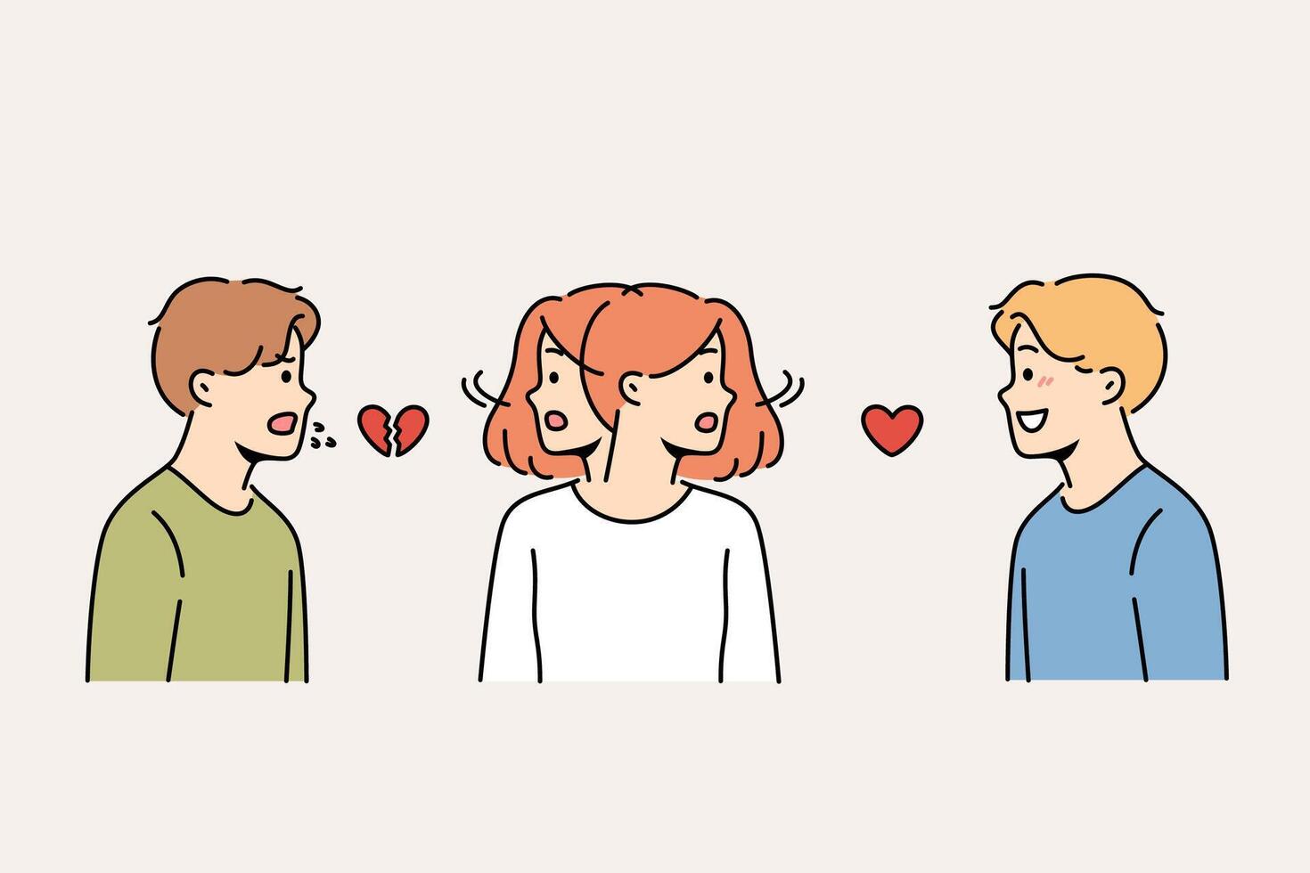 Teenage girl is caught in love triangle and is shaking head, choosing between two boyfriends vector
