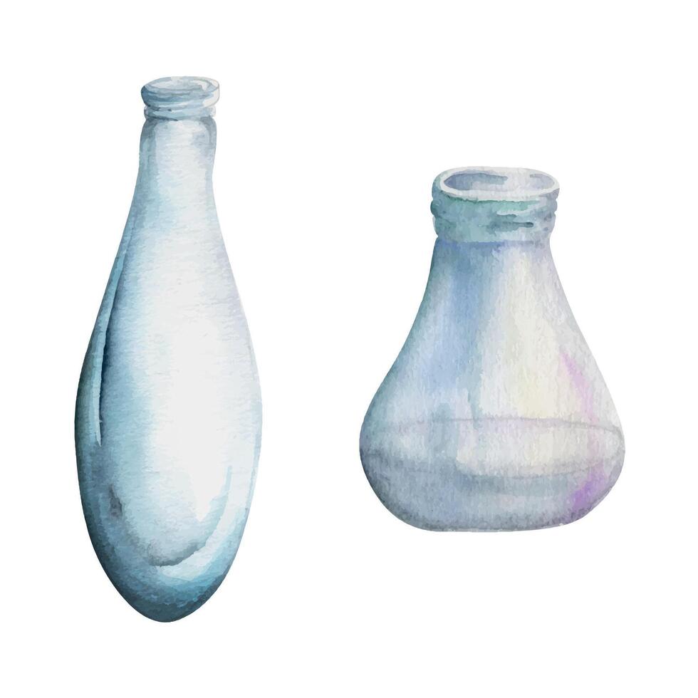 Hand drawn watercolor illustration sea witch altar objects. Empty glass vial jar bottle perfume. Single object isolated on white background. Design for print, shop, magic alchemy medicine chemistry vector