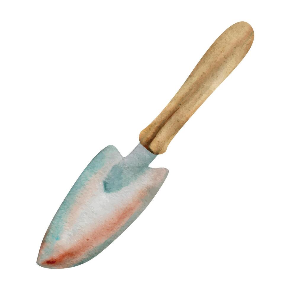 Hand drawn watercolor illustration spring gardening farming tool, metal shovel spade scoop with wooden handle. Single object isolated on white background. Design print, shop, scrapbooking, decoupage vector