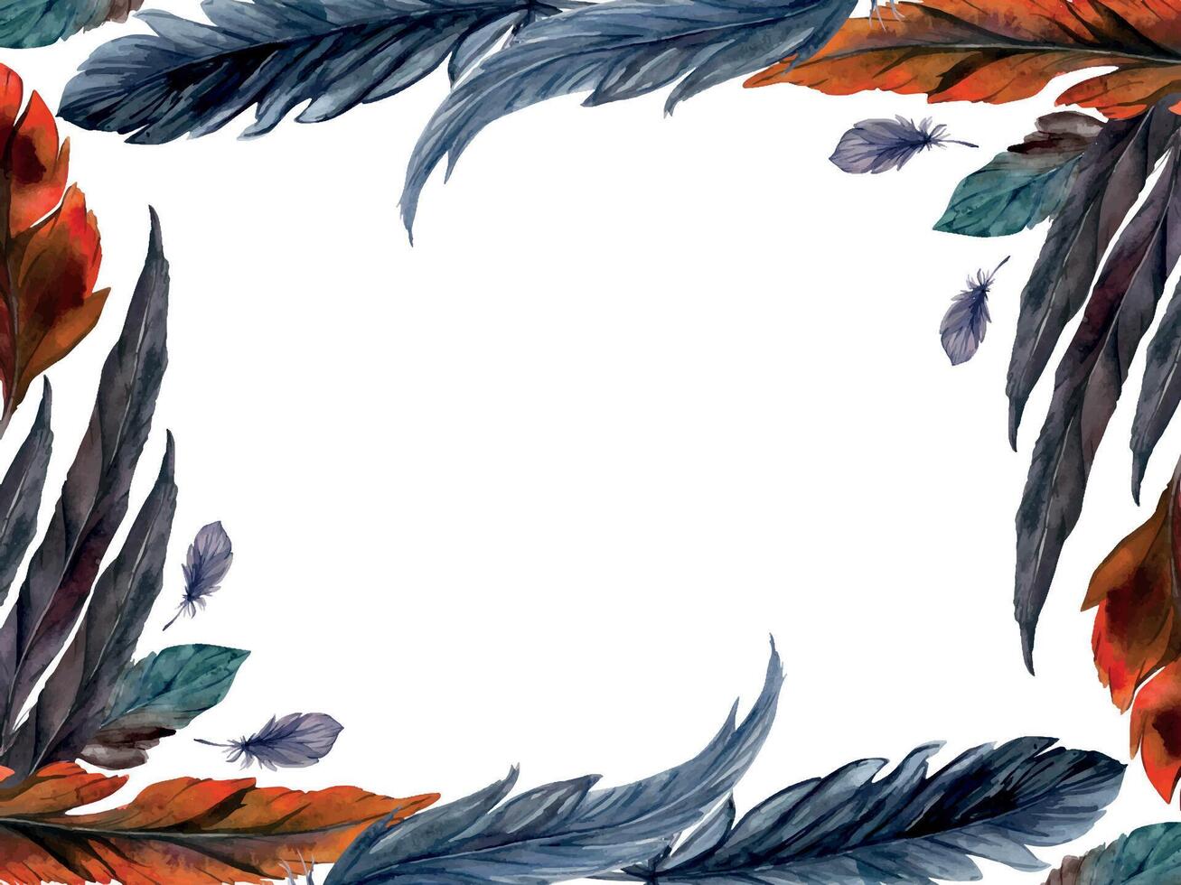 mano dibujado acuarela pájaro pluma penacho pluma boho tribal étnico indio azul rojo. horizontal marco aislado blanco antecedentes. diseño encanto, amuleto, atrapasueños, álbum de recortes, hecho a mano artesanía, tatuaje vector