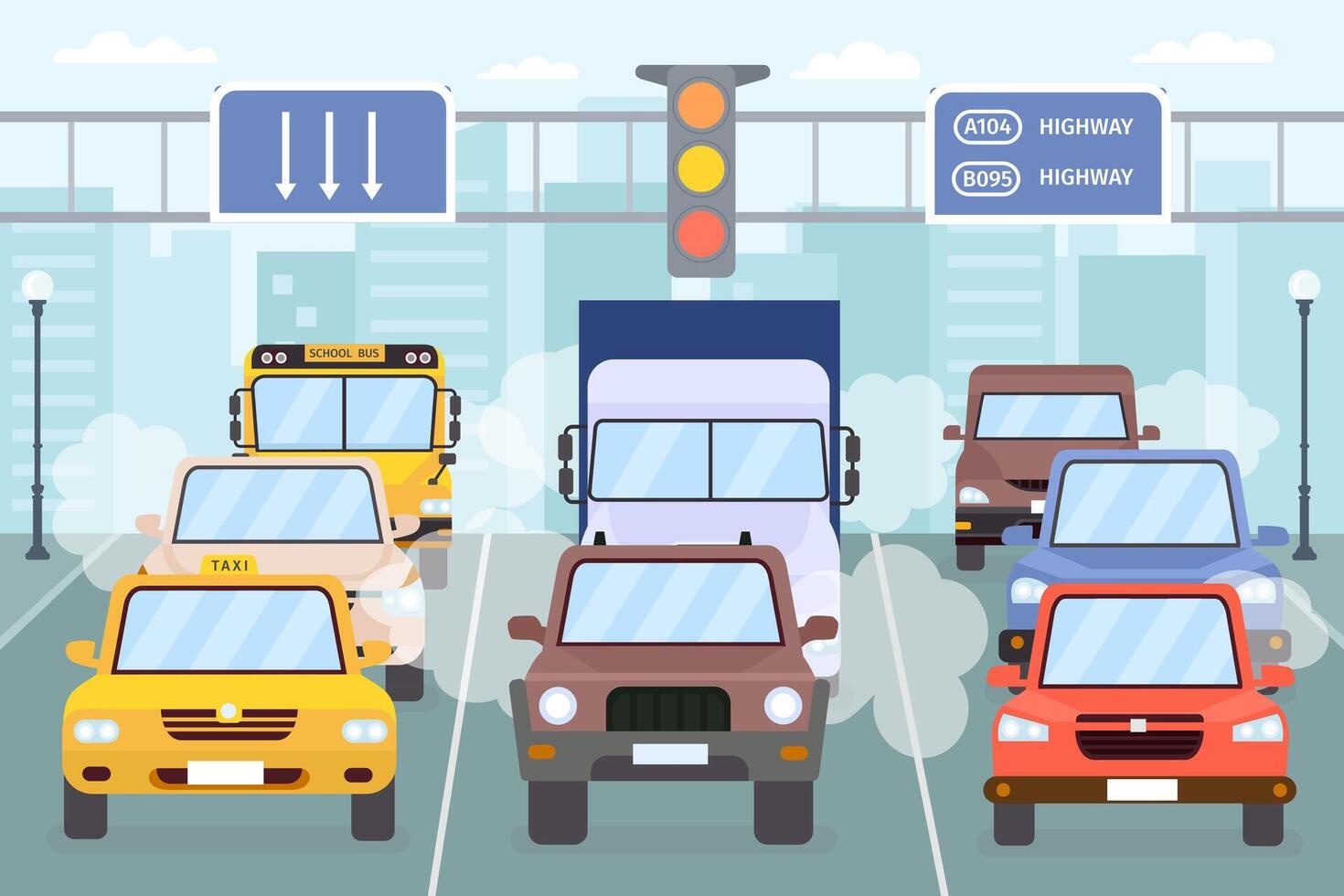 Traffic jam. Cars on city road with smoke, smog and exhaust gas. Vehicle, taxi, truck and bus on urban highway. Air pollution vector concept