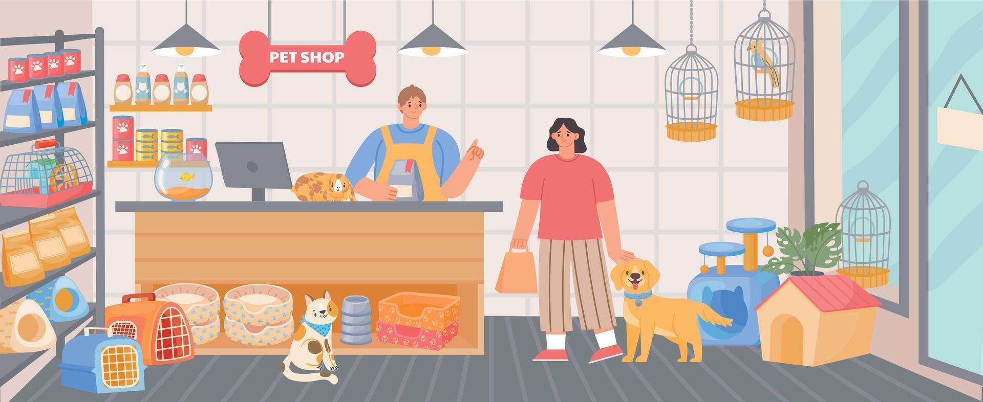 Pet shop inside interior with cashier and customer with dog. Animal food, accessory and toys in store. Cartoon zoo supermarket vector scene