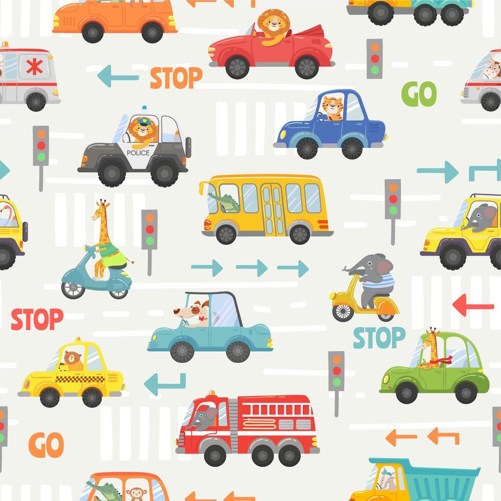 Animals in transport seamless pattern. Kid cartoon cars, bus, police and bike with animal driver. Vector texture with road traffic and signs
