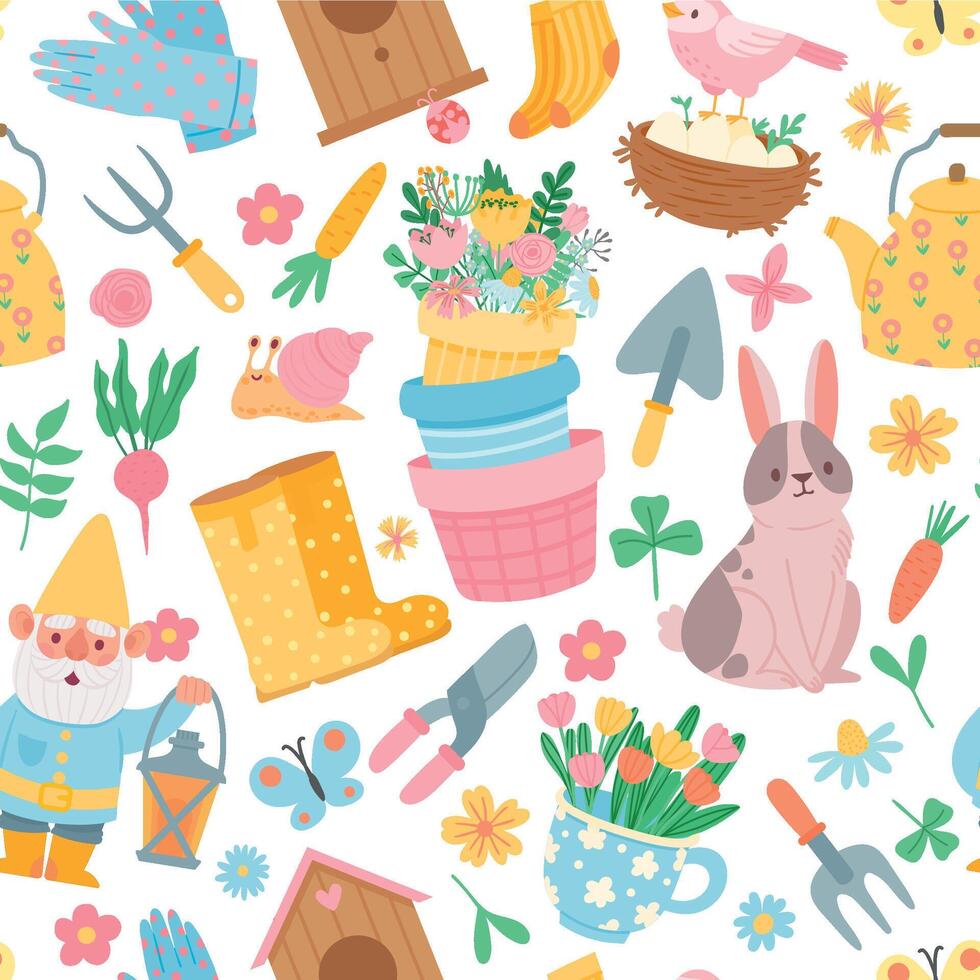 Spring seamless pattern. Garden tool elements, pots with flowers, vegetables, rabbit, gnome and bird house. Cute gardening flat vector print