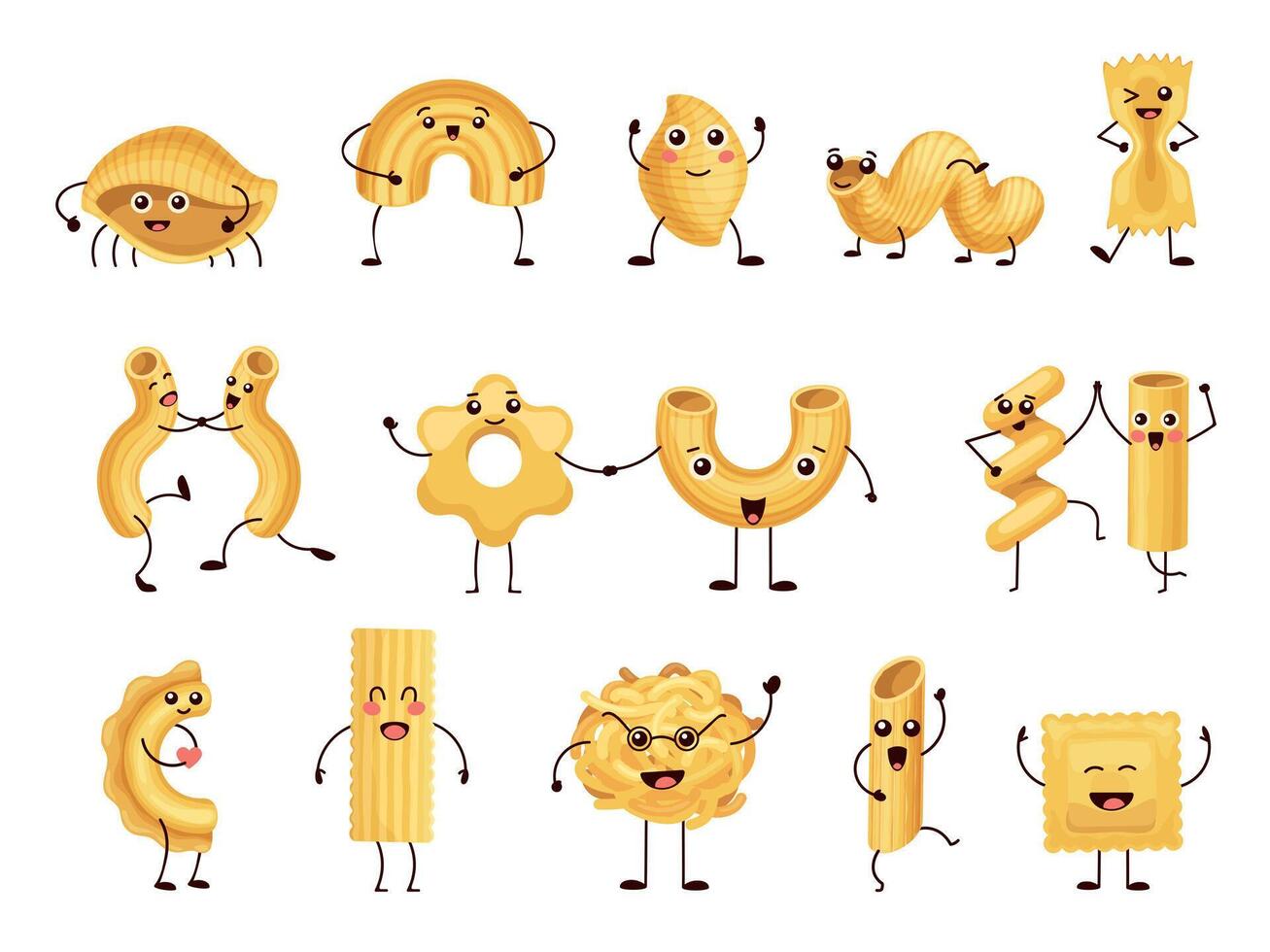 dibujos animados gracioso pasta caracteres, italiano macarrones mascota emojis cómic contento espaguetis, pasta y fusilli con rostro, manos y piernas vector conjunto