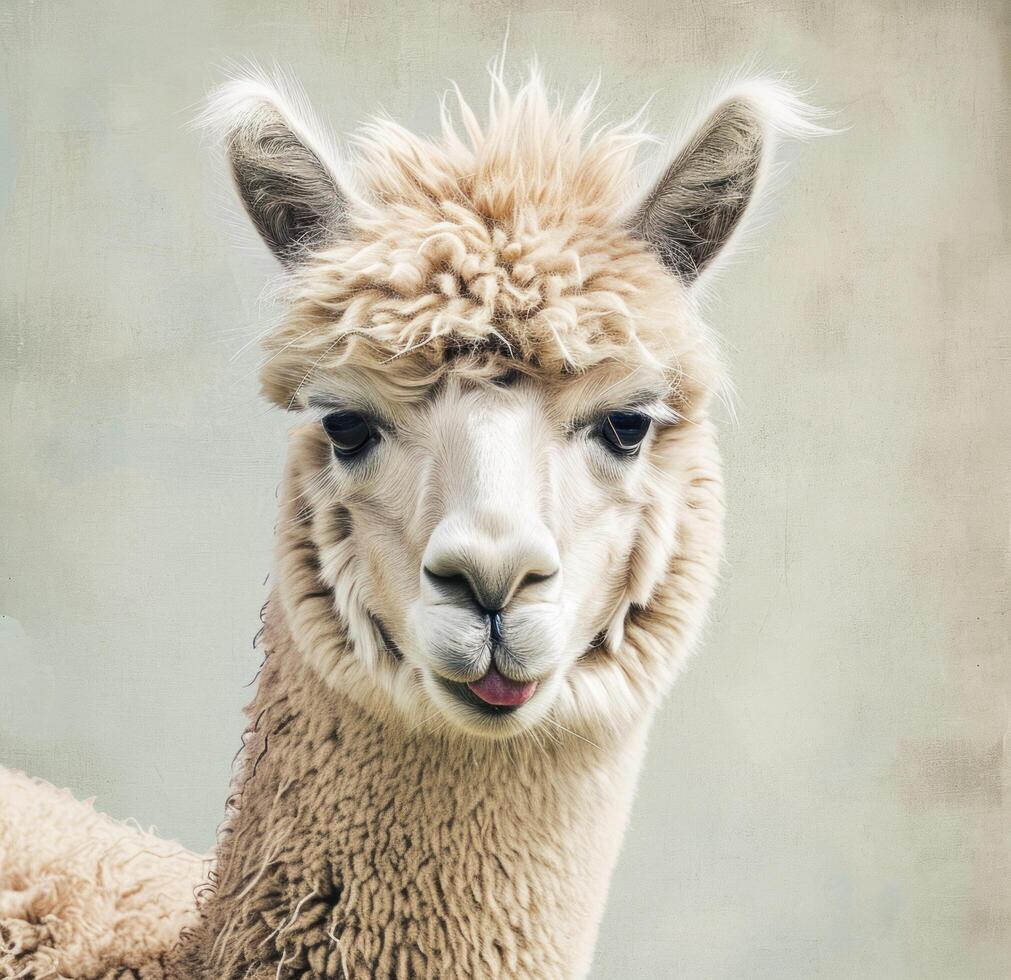 AI generated the alpaca has his tongue out and is posing for the camera photo