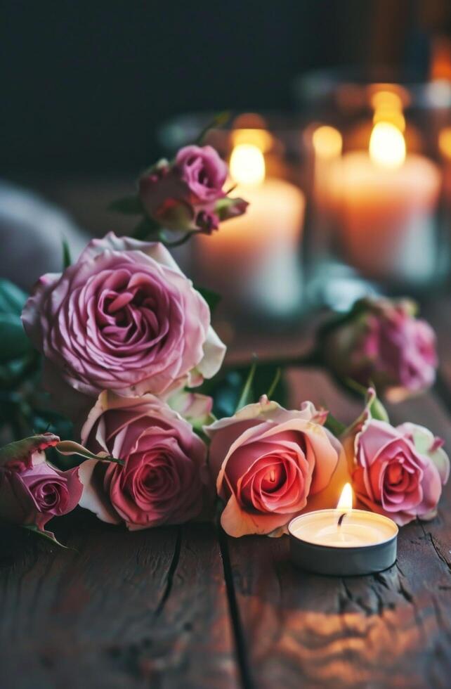 AI generated pink roses and candles with candles photo