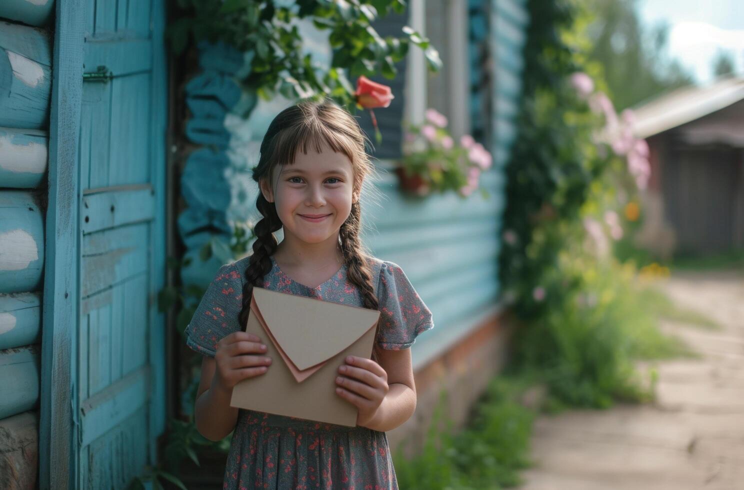 AI generated smiling young girl holding an envelope outside her home photo